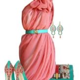 Peach dress with green accessories