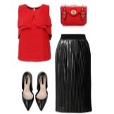 An outfit from a skirt and a top with flounces on the chest and accessories for women with a slim column figure