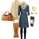 Brown accessories for a denim dress