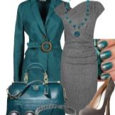 Marine shade accessories for a gray sheath dress