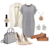 White accessories for a gray sheath dress