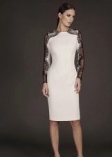White evening dress with black guipure sleeves