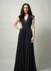 Floor-length black evening dress with lace inserts