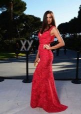 Lace evening dress red with rhinestones