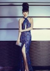 Evening dress blue with a slit