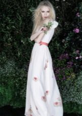 White evening dress with pink belt