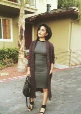 Gray dress in combination with a brown cardigan