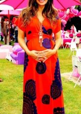 Long red dress with blue flowers for pregnant women