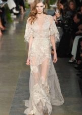 Long sheer floor-length dress with printed milk lace