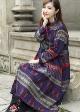 Wide Blue Chinese Style Printed Dress