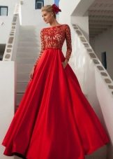 Lush long red dress with lace top