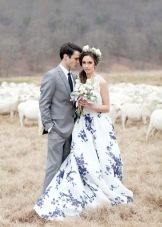 Beautiful White and Blue Floral Print Wedding Dress