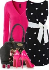 Black dress with polka dots and accessories for women of the Bright Winter color type