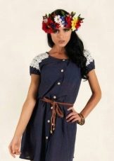 Linen blue dress with lace trim on sleeves