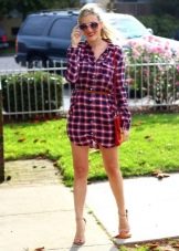 Short cardigan and blue check shirt dress