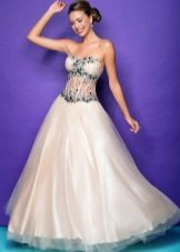 White-green dress with a transparent corset and rhinestones