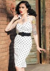 White dress with shoulder straps with black polka dots