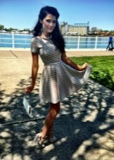 Gray short dress with a skirt sun with white polka dots