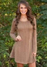 Short brown knitted long sleeve dress