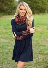 Woolen blue dress with long sleeves combined with plaid fabric