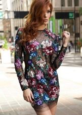 Long Sleeve Printed Short Sheer Dress