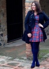 Dress in blue and red plaid for obese women in combination with blue tights and a blue coat