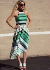 Mid-length dress in green, black, white stripes