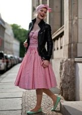 50s style dress paired with a leather jacket