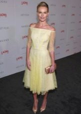 Yellow lace dress with mid-length sun skirt