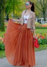 orange long summer pleated skirt