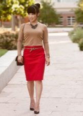 Red pencil skirt combined with a beige turtleneck