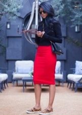 Red pencil skirt paired with a black turtleneck