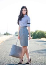 Gray pencil skirt with shirt blouse