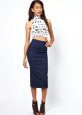 mid-length denim pencil skirt