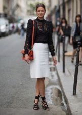 Straight white skirt below the knee