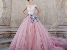 Wedding dress with a lilac sash