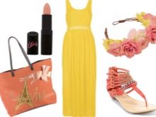 Coral accessories for a yellow dress