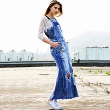 floor-length denim dress with lace