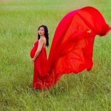 Red long dress with train for pregnant women