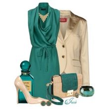 Beige shoes under a sea-green dress