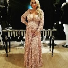 Beige maternity long dress with deep neckline and long sleeves