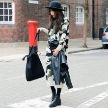 Camouflage dress with hat, bag, and jacket in black