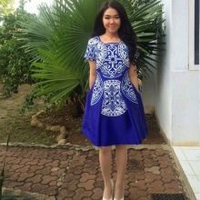 Fall Spring Printed Blue Polyester Dress