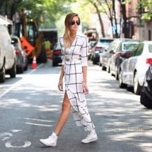 Long white check shirt dress with white sneakers