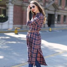 Check mid-length shirt dress with jeans