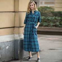 Green and blue check long shirt dress with black slip-ons