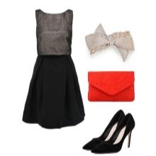 Dress with a black skirt and a gray top and accessories for women with a pear figure