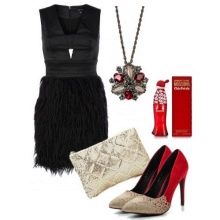 Dress with a fringed skirt and accessories for an Inverted Triangle figure