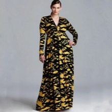 Yellow and black long dress with deep neckline and long sleeves for plump