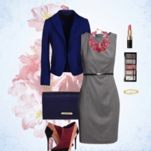 Blue accessories for a gray sheath dress
